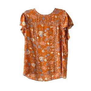 DR2 Floral Rust Orange Ruffle Cap Sleeve Stylish Design Women's Blouse Top Sz XL